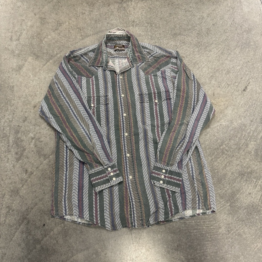 Vintage Roughrider Western Pearl Snap Shirt Men's Striped Cowboy Aztec Large